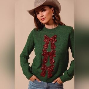 So Me Sequins Bow Ribbon Embellished Christmas  Crew Neck Pull Over Sweater